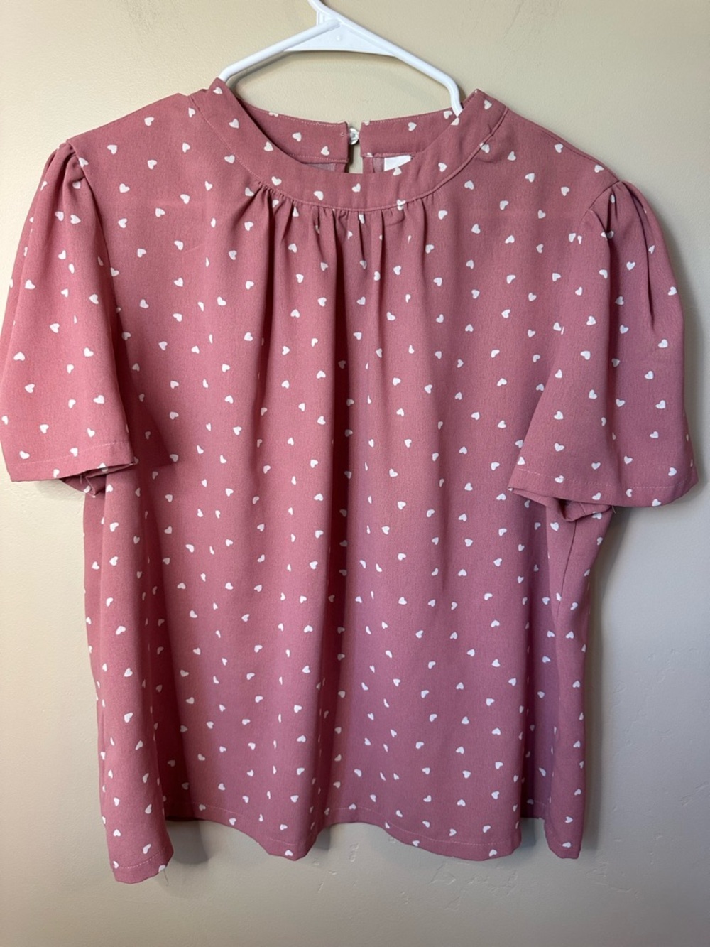 Women’s XL Pink Heart Print Blouse • Short Sleeve Boxy Top • Soft Lightweight